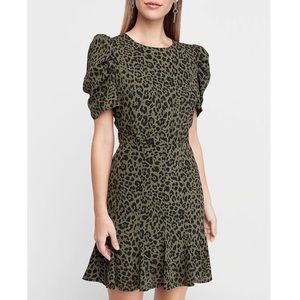 Express Olive Green Leopard Print Fit & Flare Dress Size Small